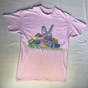 VTG Single Stitch Easter Bunny T Shirt Sz L USA Made Pink 80s Granny Glitter